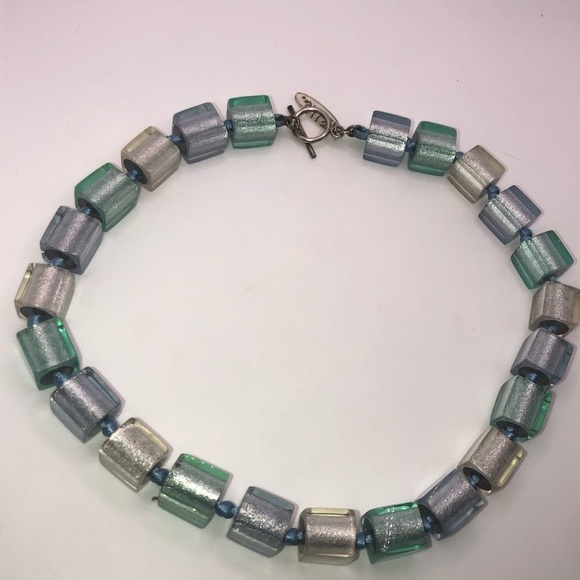 Zahara Pastel Blue Lucite Metallic Foil Cube Knotted Toggle Clasp Necklace 19” - Picture 1 of 4